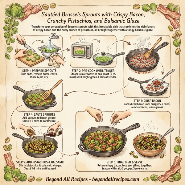 Sautéed Brussels Sprouts with Crispy Bacon, Crunchy Pistachios, and Balsamic Glaze instructions