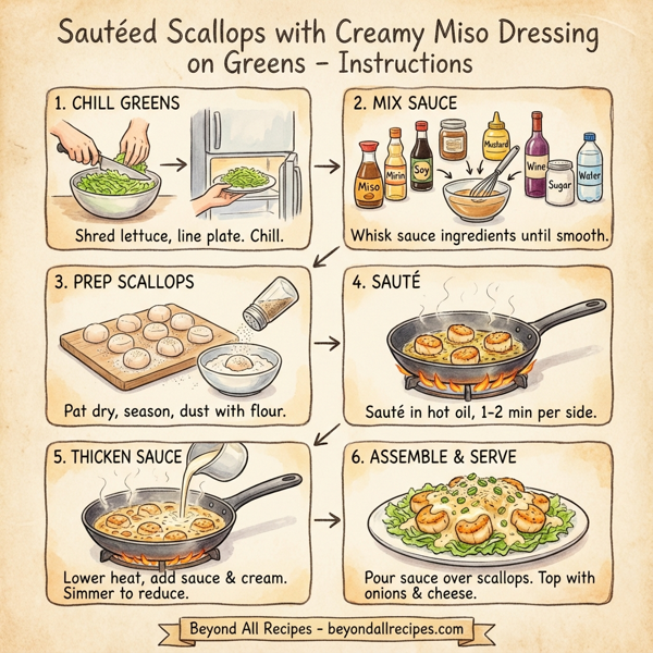 Sautéed Scallops with Creamy Miso Dressing on Greens instructions