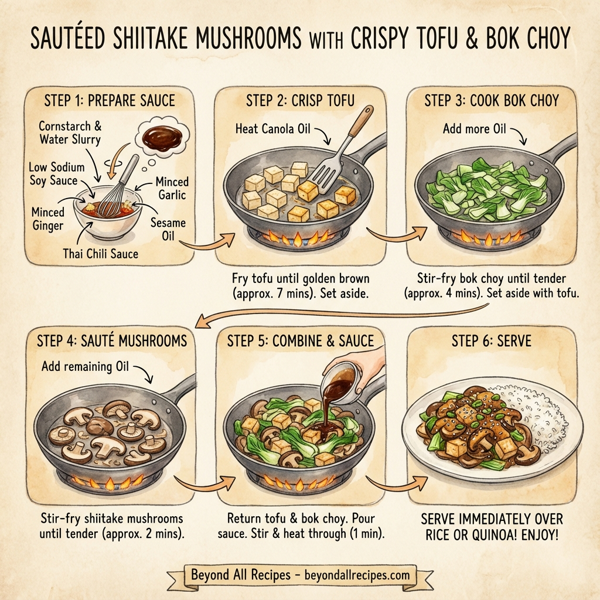 Sautéed Shiitake Mushrooms with Crispy Tofu and Bok Choy in Ginger Soy Sauce instructions