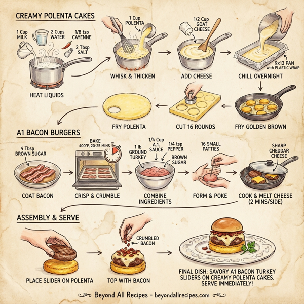 Savory A1 Bacon Turkey Sliders on Creamy Polenta Cakes instructions