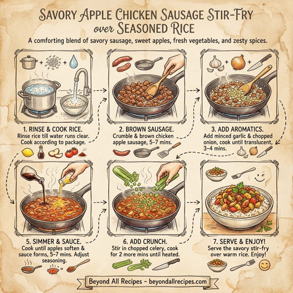 Savory Apple Chicken Sausage Stir-Fry over Seasoned Rice instructions