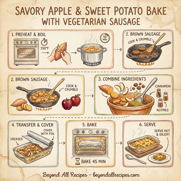 Savory Apple & Sweet Potato Bake with Vegetarian Sausage instructions