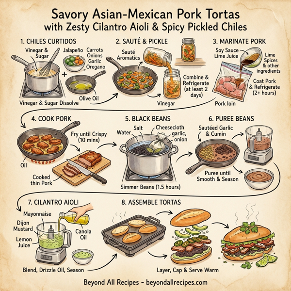 Savory Asian-Mexican Pork Tortas with Zesty Cilantro Aioli and Spicy Pickled Chiles instructions