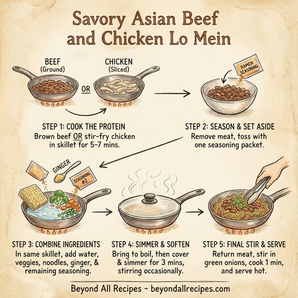 Savory Asian Beef and Chicken Lo Mein instructions