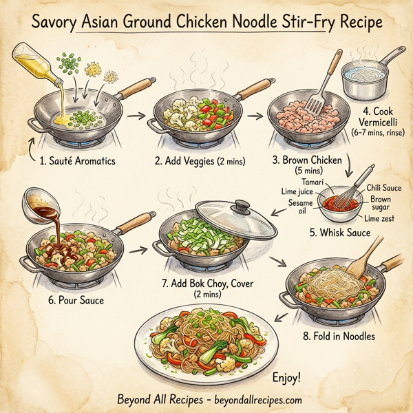 Savory Asian Ground Chicken Noodle Stir-Fry instructions