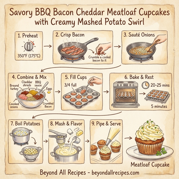 Savory BBQ Bacon Cheddar Meatloaf Cupcakes with Creamy Mashed Potato Swirl instructions