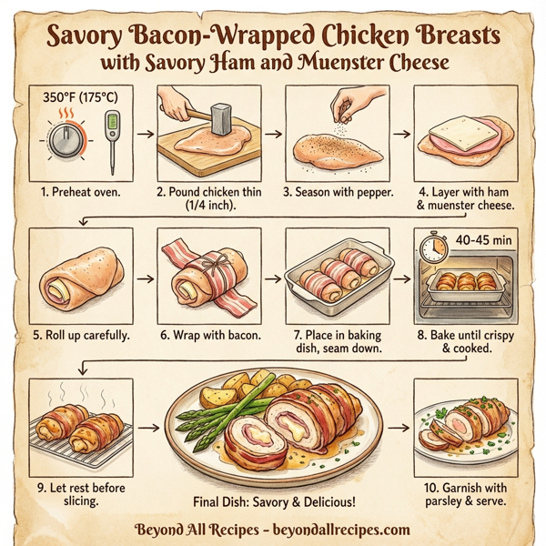 Savory Bacon-Wrapped Chicken Breasts with Savory Ham and Muenster Cheese instructions