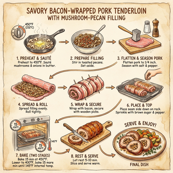 Savory Bacon-Wrapped Pork Tenderloin with Mushroom-Pecan Filling instructions