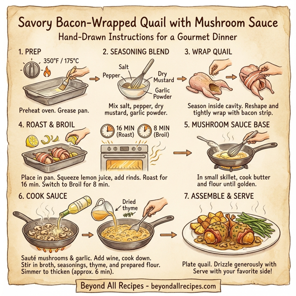 Savory Bacon-Wrapped Quail with Mushroom Sauce instructions