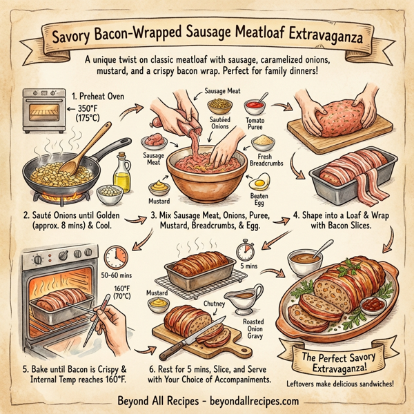 Savory Bacon-Wrapped Sausage Meatloaf Extravaganza instructions