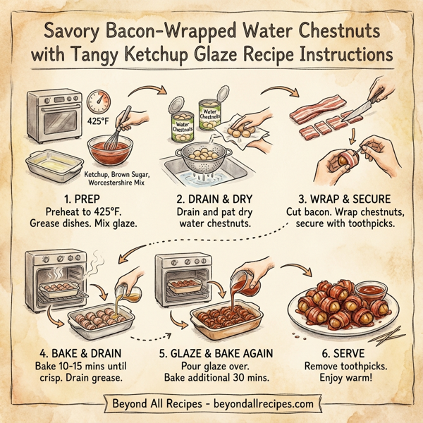 Savory Bacon-Wrapped Water Chestnuts with Tangy Ketchup Glaze instructions