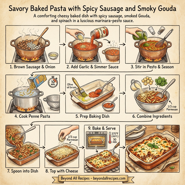 Savory Baked Pasta with Spicy Sausage and Smoky Gouda instructions