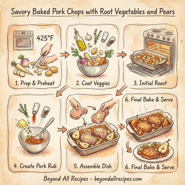 Savory Baked Pork Chops with Root Vegetables and Pears instructions