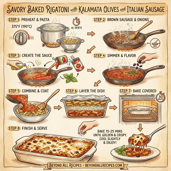 Savory Baked Rigatoni with Kalamata Olives and Italian Sausage instructions