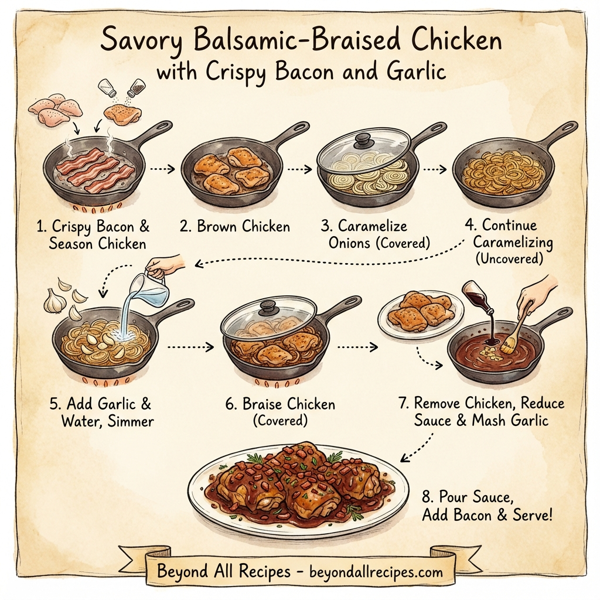 Savory Balsamic-Braised Chicken with Crispy Bacon and Garlic instructions
