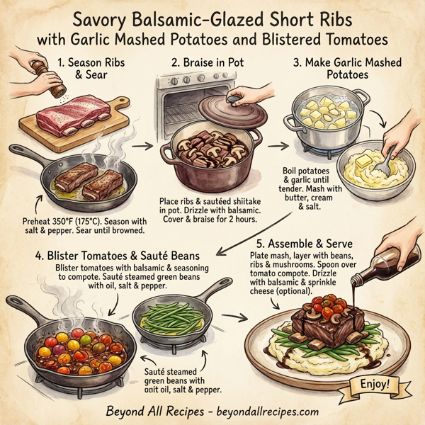 Savory Balsamic-Glazed Short Ribs with Garlic Mashed Potatoes and Blistered Tomatoes instructions