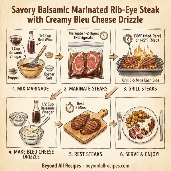 Savory Balsamic Marinated Rib-Eye Steak with Creamy Bleu Cheese Drizzle instructions