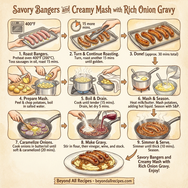 Savory Bangers and Creamy Mash with Rich Onion Gravy instructions