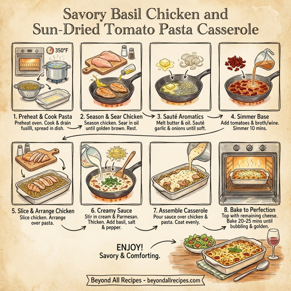 Savory Basil Chicken and Sun-Dried Tomato Pasta Casserole instructions