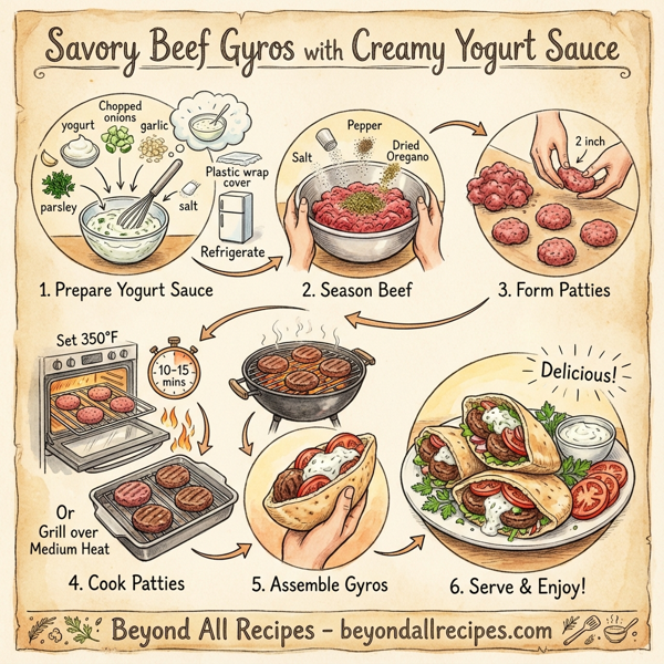 Savory Beef Gyros with Creamy Yogurt Sauce instructions