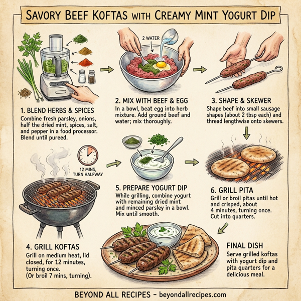Savory Beef Koftas with Creamy Mint Yogurt Dip instructions