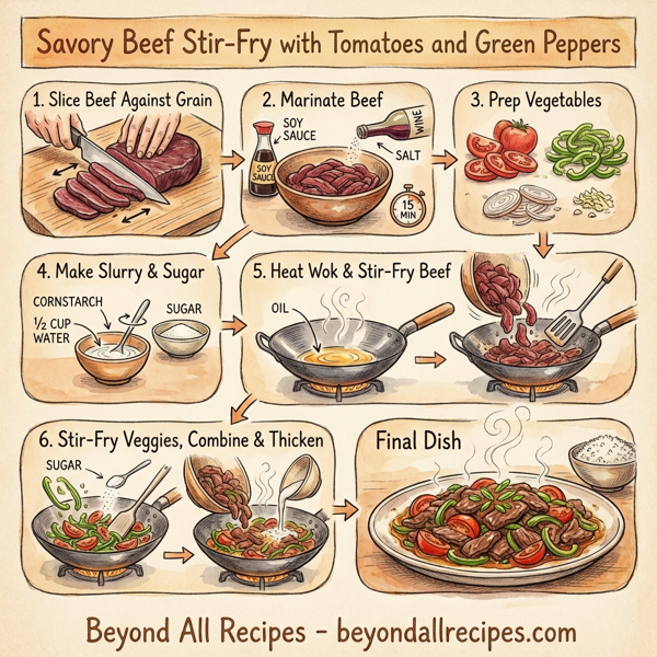 Savory Beef Stir-Fry with Tomatoes and Green Peppers instructions