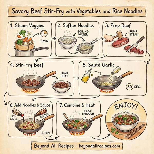 Savory Beef Stir-Fry with Vegetables and Rice Noodles instructions