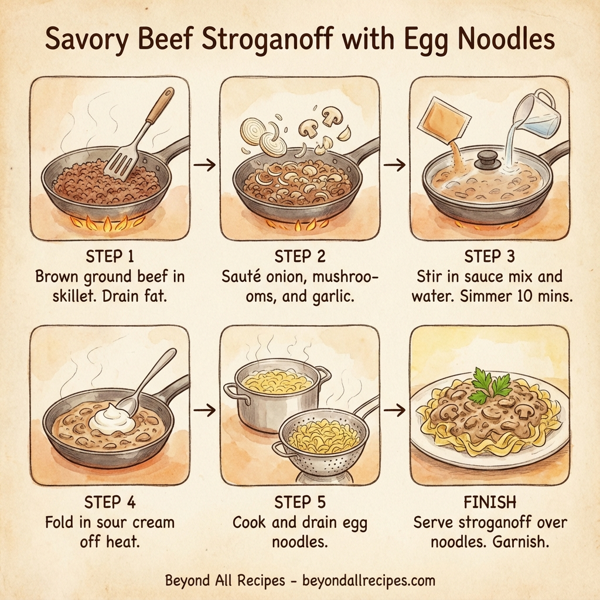 Savory Beef Stroganoff with Egg Noodles instructions