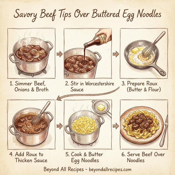 Savory Beef Tips Over Buttered Egg Noodles instructions