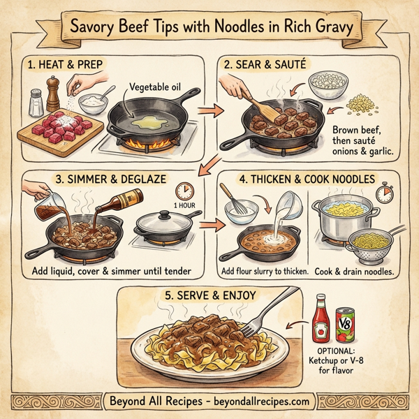 Savory Beef Tips with Noodles in Rich Gravy instructions