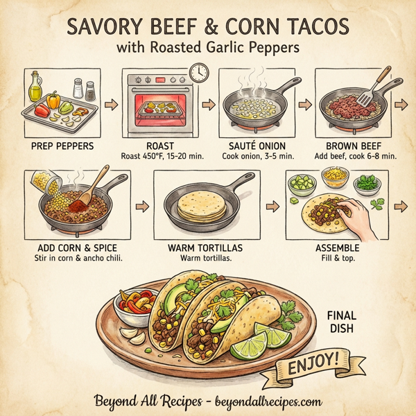 Savory Beef & Corn Tacos with Roasted Garlic Peppers instructions