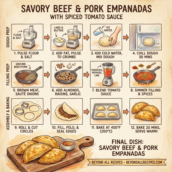 Savory Beef & Pork Empanadas with Spiced Tomato Sauce instructions