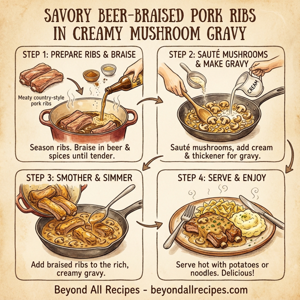 Savory Beer-Braised Pork Ribs in Creamy Mushroom Gravy instructions