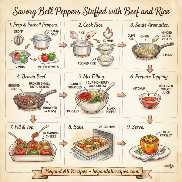 Savory Bell Peppers Stuffed with Beef and Rice instructions