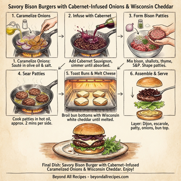 Savory Bison Burgers with Cabernet-Infused Caramelized Onions and Wisconsin Cheddar instructions