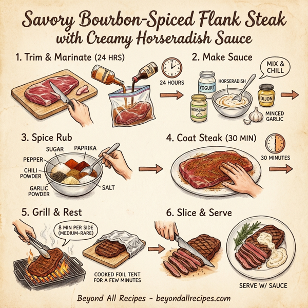 Savory Bourbon-Spiced Flank Steak with Creamy Horseradish Sauce instructions
