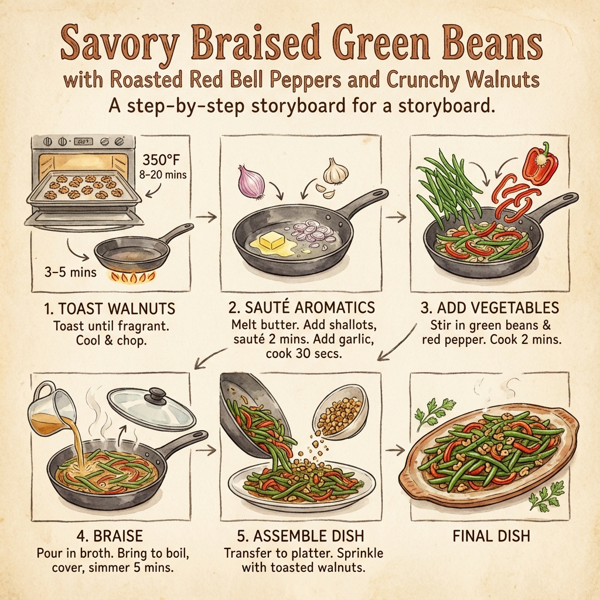 Savory Braised Green Beans with Roasted Red Bell Peppers and Crunchy Walnuts instructions
