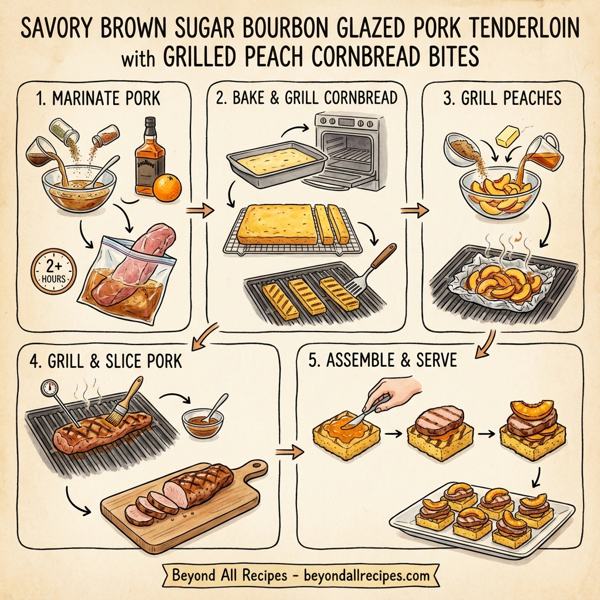 Savory Brown Sugar Bourbon Glazed Pork Tenderloin with Grilled Peach Cornbread Bites instructions