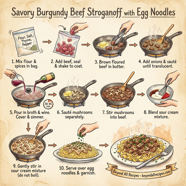 Savory Burgundy Beef Stroganoff with Egg Noodles instructions