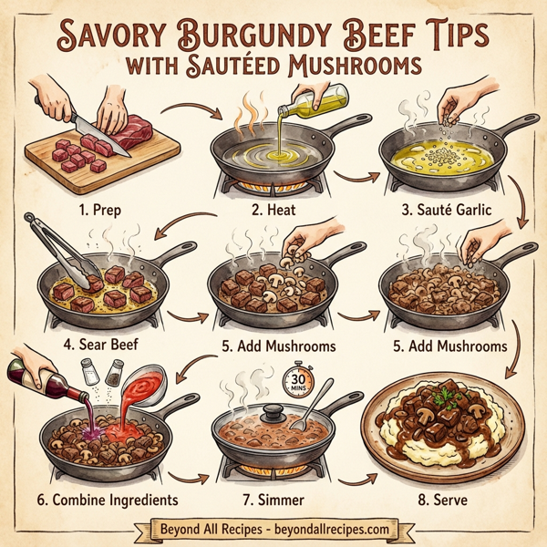 Savory Burgundy Beef Tips with Sautéed Mushrooms instructions