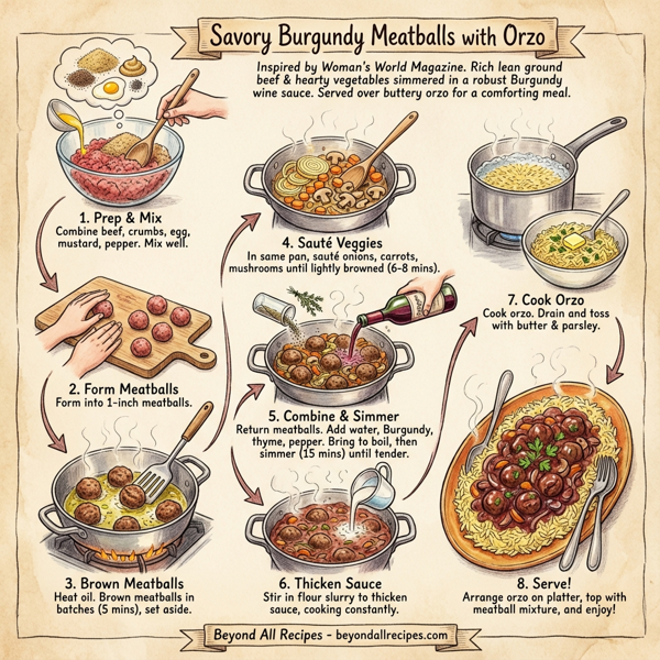 Savory Burgundy Meatballs with Orzo instructions