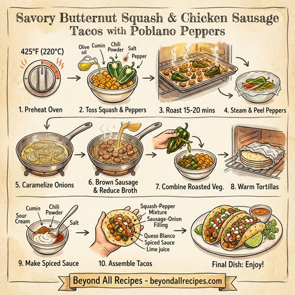 Savory Butternut Squash & Chicken Sausage Tacos with Poblano Peppers instructions