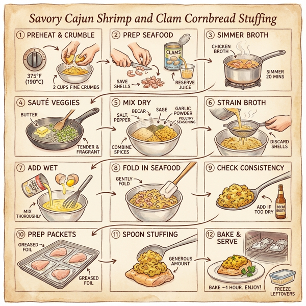 Savory Cajun Shrimp and Clam Cornbread Stuffing instructions