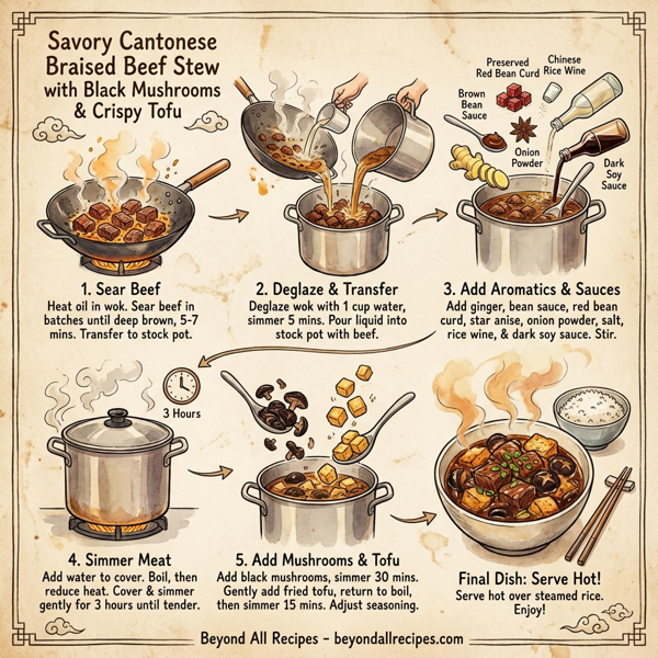 Savory Cantonese Braised Beef Stew with Black Mushrooms and Crispy Tofu instructions