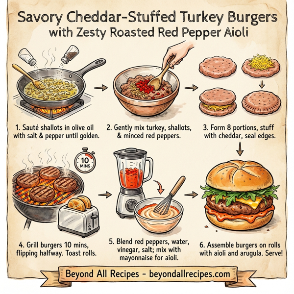 Savory Cheddar-Stuffed Turkey Burgers with Zesty Roasted Red Pepper Aioli instructions