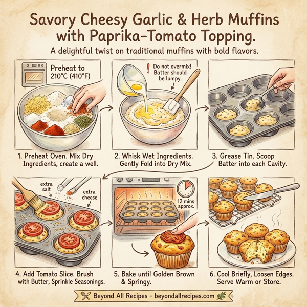 Savory Cheesy Garlic & Herb Muffins with Paprika-Tomato Topping instructions