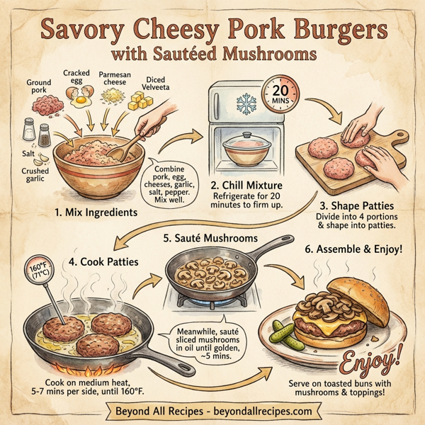 Savory Cheesy Pork Burgers with Sautéed Mushrooms instructions