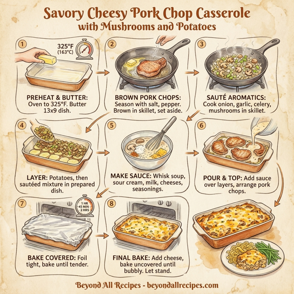 Savory Cheesy Pork Chop Casserole with Mushrooms and Potatoes instructions