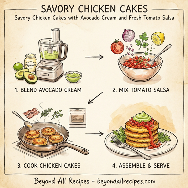 Savory Chicken Cakes with Avocado Cream and Fresh Tomato Salsa instructions