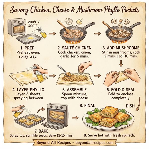 Savory Chicken, Cheese & Mushroom Phyllo Pockets instructions